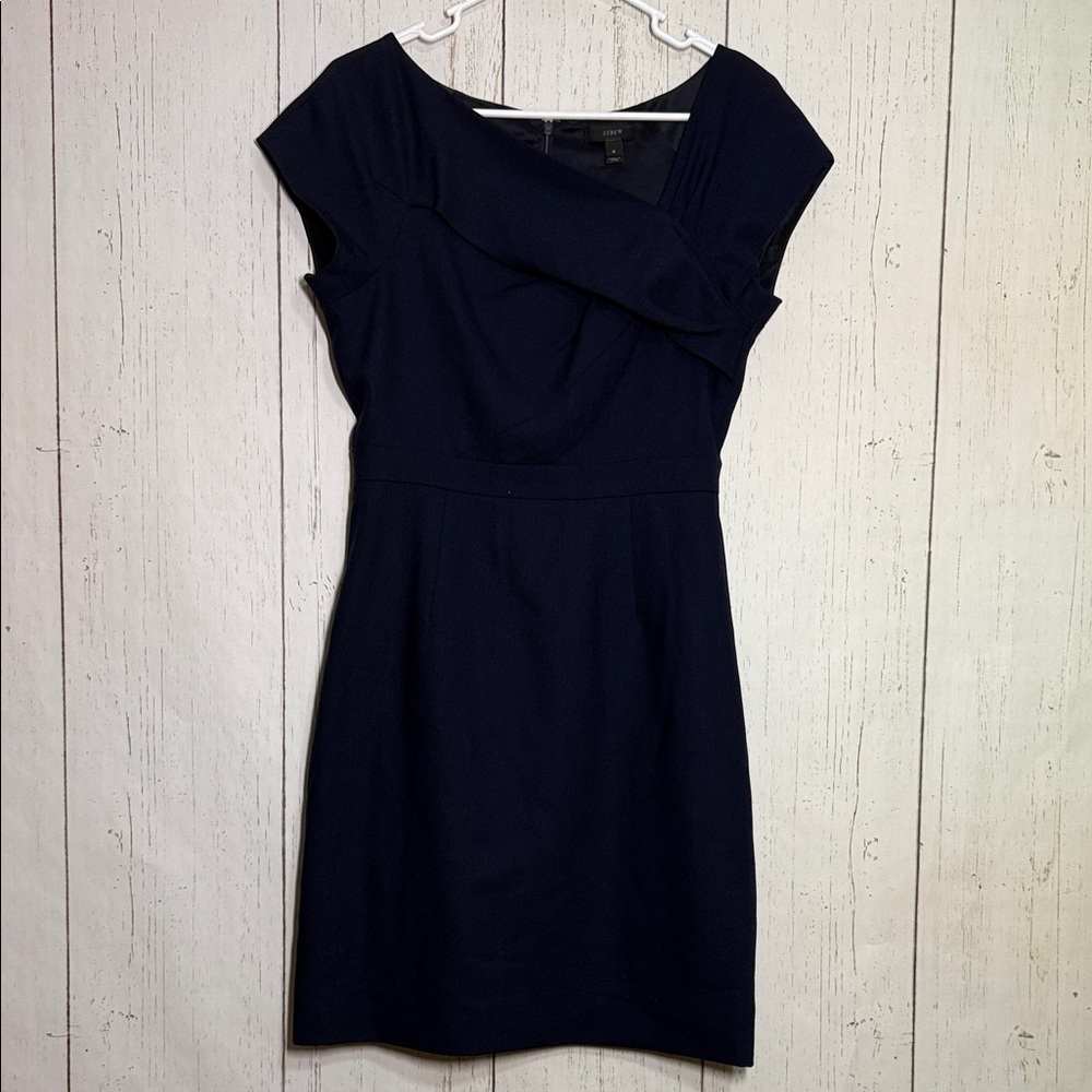 J. Crew Wool Navy Blue Asymmetrical Collar Wrap Bust Sheath Dress Size 4